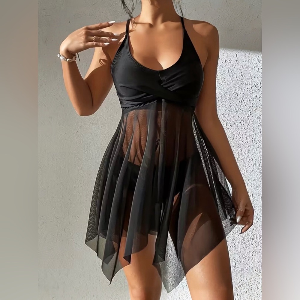 SOLD-Super Sexy 2 Piece Sheer Black Swim Dress Size XL Never Worn